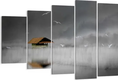 Produktbild von Bild auf Leinwand - Leinwandbild - 5 Teile - Hütte Nebel Sumpf - 150x100cm - Wand Bild - Wanddeko - Wandbilder - Leinwanddruck - Bilder - Wanddekoration - Leinwand bilder - Wandbild - EG150x100-4896