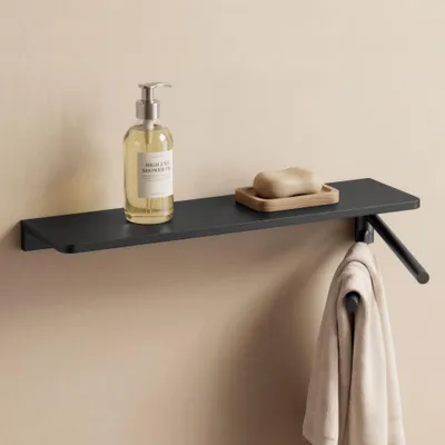 Produktbild von doporro Handtuchhalter Wand mit Ablage, Badezimmer Organizer zum Bohren, 180° schwenkbarer Handtuchstange 2-armig,Badezimmerregal, Grau Reglo-19