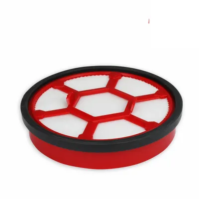 A circular red and white vacuum cleaner filter with a hexagonal pattern.