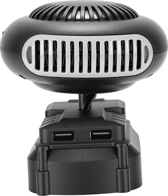 A black, multi-functional desk heater with USB ports.