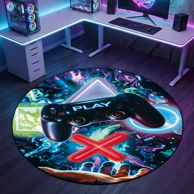 Produktbild von Auffälliger Gaming-Teppich mit lebendig-bunten neon-farbigen Symbolen und schwebendem Controller Größe - 200 cm Rund