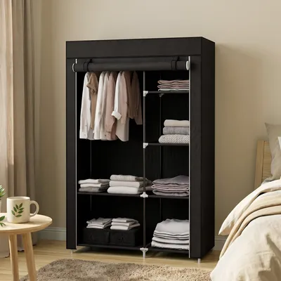 Produktbild von Sweiko Schrank aus Stoff, Aufbewahrungslösung, 6 Regale, 1 Kleiderstange, Schwarz
