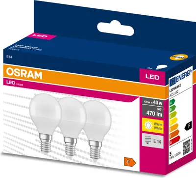 Zdjęcie produktu dla 3PAK Żarówka LED E14 P45 4,9W = 40W 470lm 3000K Ciepła 200° OSRAM VALUE