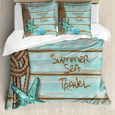 Produktbild von ABAKUHAUS Seestern Bettbezug Set, Summer Sea Travel Beschriftung Retro Seil Jakobsmuscheln Muster, 155 x 220 cm + 80 x 80 cm, Mintgrün Türkis