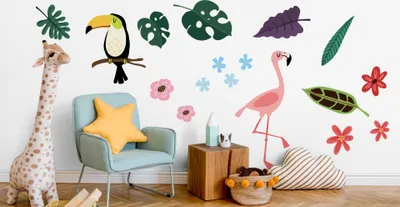 Obrázek produktu pro Muralo Nástěnná samolepka Tropical Birds with Plants 100 x 200 cm Nástěnné tetování Samolepky na zeď Dětský pokoj XXL