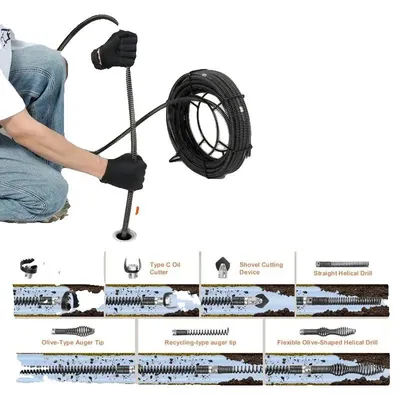 Zdjęcie produktu dla Wąż do czyszczenia odpływów, wykonany ze stali, długość 20 metrów, średnica 16 mm, przeznaczony do rur o średnicy 20-100 mm, zawiera 7 końcówek tnących