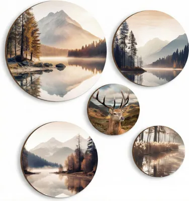Produktbild von Runde Bilder für die Wand Beige Set für Schlafzimmer Wohnzimmer Wald Berge