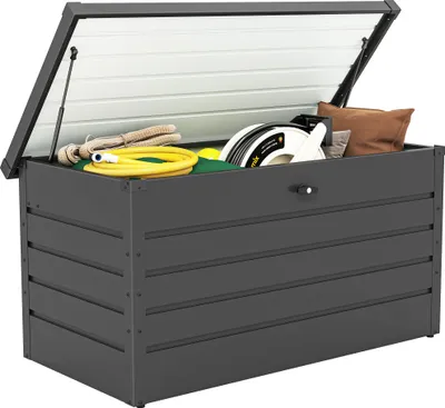 Image de Outsunny Coffre de rangement exterieur XXL 311L, coffre de jardin acier galvanisšŠ 120x62x62cm verrouillable etanche všŠrins š€ gaz, malle de rangement extšŠrieur intšŠrieur jardin terrasse, gris foncšŠ