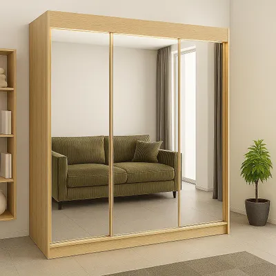 Zdjęcie produktu dla Szafa 3-drzwiowa przesuwna RIO-1 180x215cm dąb sonoma – fronty z luster, w zestawie półki, drążki, funkcjonalność i styl jednym