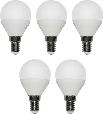 Five LED light bulbs are arranged in two rows on a white background.