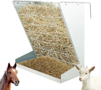 Imagen del producto de Comedero para heno y cereales 2 en 1, fabricado en metal galvanizado, con distancia ajustable y malla