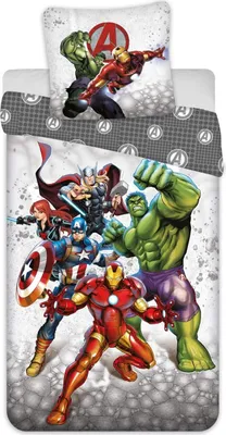 A collage of Marvel Avengers characters on a bedding set.