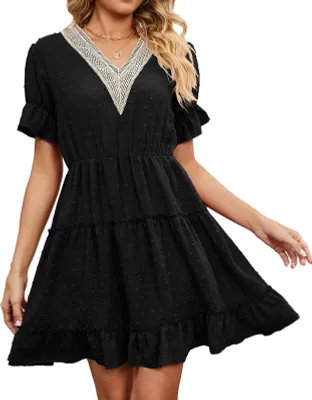 Image de ASKSA Femme Col V Robes d'été Dentelle Jacquard Manches Courtes Robe Taille Loisir, Noir, M
