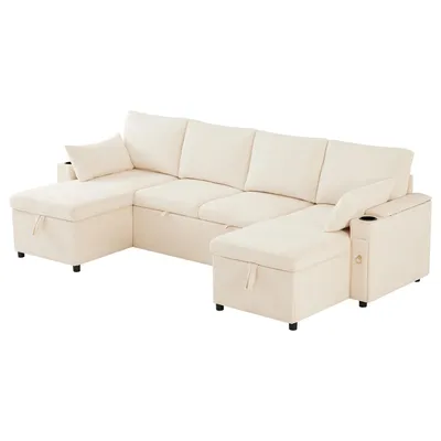 Produktbild von U-Schlafsofa 272×131×84 cm, Beige, mit Getränkehalter und Stauraum