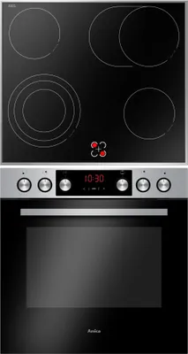 A top-down view of a black glass ceramic hob and a silver and black oven.