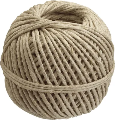A ball of natural fiber twine on a white background.