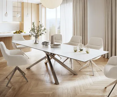 Produktbild von DELIFE Esstisch Edge 300x100cm Keramik Laminam®Statuarietto Weiß Kreuzgestell Rechteck Edelstahl