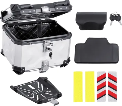 Immagine prodotto di SucceBuy bauletto per moto, 45l, bauletto universale in lega di alluminio con rivestimento in pelle, rimovibile, impermeabile, con serratura e imbottitura posteriore, si adatta al 99% dei telai delle moto per viaggiare senza pensieri