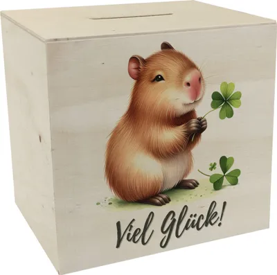 Produktbild von Capybara mit Kleeblatt Spardose aus Holz mit Spruch Viel Glück
