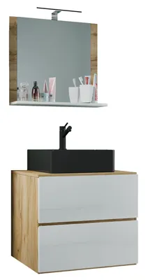 Image de 3 pièces lavabo | armoire lavabo noir largeur 60 cm | Ensemble de meubles de salle de bain avec miroir tiroirs | Lendas S BL