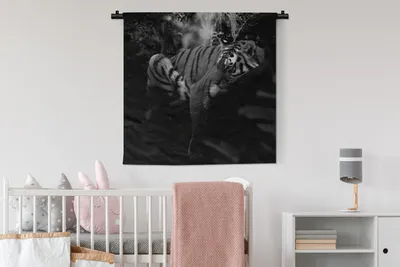 Produktbild von MuchoWow® Wandteppich Wandbehang Tiere - Tiger - Dschungel - Schwarz - Weiß 90x90 cm Tapisserie Dekoration Wandtuch - Wandaufhänger