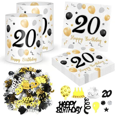 Geburtstagsdeko-Set 20. Geburtstag, Schwarz-Gold, 12 Windlichter + 500 Konfetti