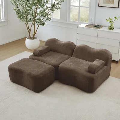 Produktbild von Clinvia 2-Sitzer L-förmiges Modulares Boneless Sofa mit 1 Ottoman, Wellenform, bewegliches Armlehnenkissen, für Wohnzimmer & Apartment, kein Aufbau nötig, Braun