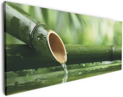 Produktbild von Wallario Premium Leinwandbild Bambusquelle  Bambusrohr mit Wasser in Größe 50 x 125 cm