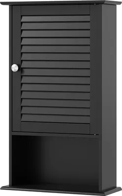 A black bathroom cabinet with a louvered door and an open shelf below, shown against a white background.