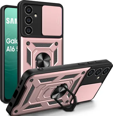 A rose gold and black phone case with a camera cover and ring holder is displayed against a white background.