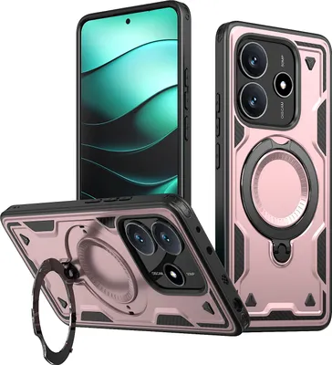 Produktbild von Dual Layer Hülle für Xiaomi Redmi Note 14 5G Metall Ring Ständer Magnetisch Stoßfest Militär Handyhülle Roségold