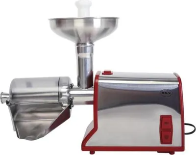 A stainless steel and red electric juicer or food mill.