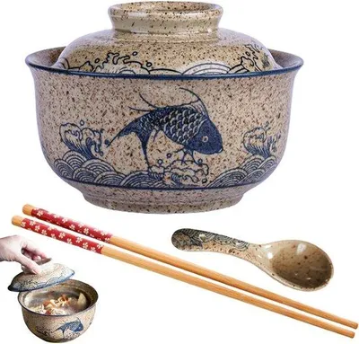 Produktbild von Keramische Ramen-Schüssel mit Deckel und Stäbchen für Suppe und Sushi