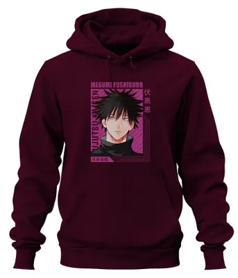 Imagen del producto de Sudadera con capucha retro uni, estilo manga, para fans del anime Jujutsu Kaisen, con el personaje Megumi Fushiguro. Color burdeos, talla XXL