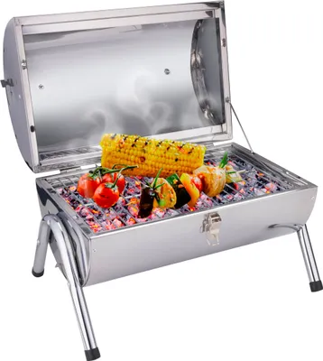 A stainless steel charcoal grill with food cooking on it.