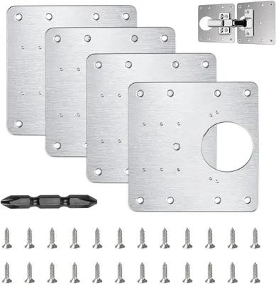 Produktbild von Edelstahl Scharnier Reparaturplatte, 4 Stück Küchenscharnier Reparaturplatten mit 24 Stück Schrauben, 9 x 9 cm Küchen Scharnier Reparaturset