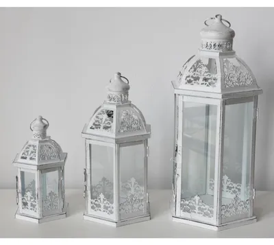 Image de Lanterne métallique Oriental Set de 3 pièces Blanc Décoration intérieure Lampe Photophore Éclairage