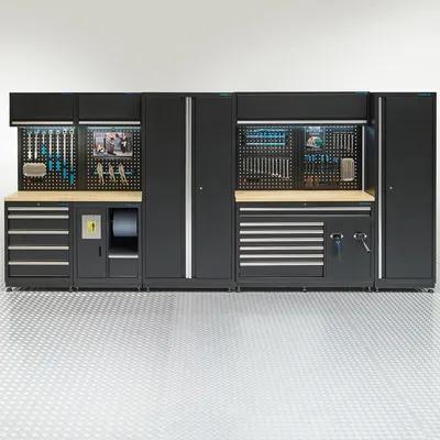 Produktbild von Werkstatteinrichtung PREMIUM mit Eichen-Arbeitsplatte – 422 cm lang
