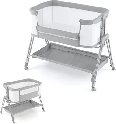 Produktbild von Beistellbett Baby, 7-stufig höhenverstellbar Reisebett mit Matratze & Rollen, Babybett Klappbar mit Verstellbarem Neigungswinkel, für Baby 0-6 Monate bis 9kg (Hellgrau)