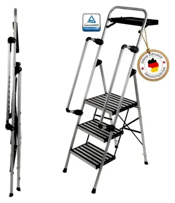 Produktbild von Stahl-Sicherheitsleiter mit klappbaren Handläufen, 3 Stufen, rutschsichere Plattform, , bis 150 kg
