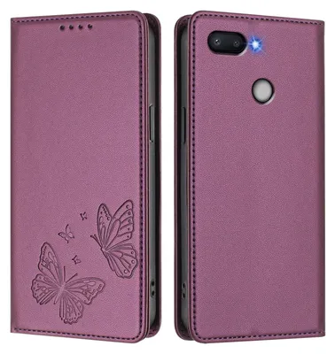 Immagine prodotto di Custodia in pelle per Xiaomi Redmi 6/Redmi 6A, con motivo a farfalla, custodia a portafoglio con supporto, viola
