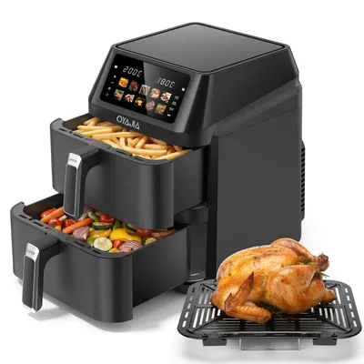 Produktbild von Heißluftfritteuse 2 Kammern - 12 L Doppelstock – 2900 Watt – 2 Frittierbehälter inkl. Abtropfblech – 10 Funktionsprogramme – Sync und Match-Funktion