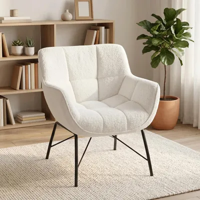 Obrázek produktu pro Křeslo - křeslo do obývacího pokoje - sherpa fleece (materiál), - hluboké opěradlo, - kovové nohy, - krémově bílá barva