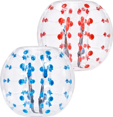 Two inflatable bumper balls, one red and one blue, are shown against a white background.