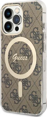 A close-up, angled view of a phone case with a repeating Guess logo pattern and a circular MagSafe charging area.