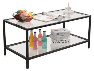 Produktbild von Couchtisch Glasgow Metallgestell rechteckiger Wohnzimmertisch Glas Couchtisch Schwarz Mattglanz Kaffetisch Tisch für Wohnzimmer mit unterer Ablage