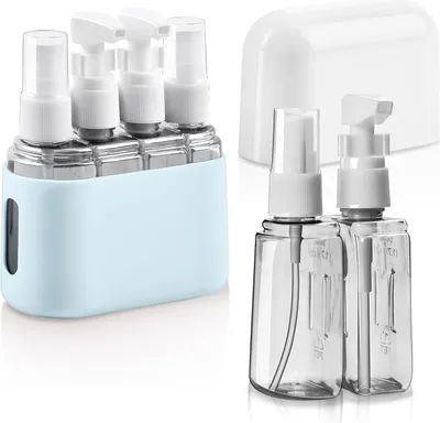 Produktbild von Transparente Reiseflaschen-Set für Toilettenartikel - 4-in-1 nachfüllbare Flaschen - Sprühflaschen - Pumpflaschen - Etikett - Box Reisefläschchen Handgepäck