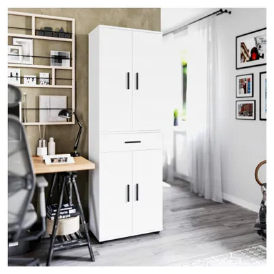 Produktbild von Mehrzweckschrank 60 cm Breite - Weißer Schrank mit 1 Schublade, Hochschrank, Büroschrank, Bücherschrank mit 4 Türen | 180 x 34 x 60 cm