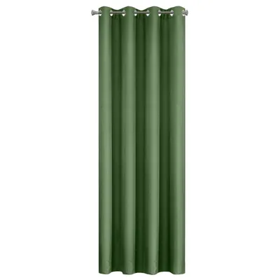 A single green curtain hanging from a curtain rod.
