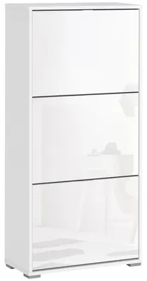Image de Meuble š€ Chaussures Armoire š€ chaussures 3 Portes abattantes 3 Compartiments en bois 60L x 26I x 124H cm Blanc laqušŠ